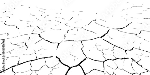 Minimal black and white cracked earth texture showing dry soil plates and deep fissures. Perfect for drought, climate change, environmental damage concepts, abstract backgrounds, and graphic design us
