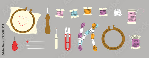 Embroidery equipment set on a grey background, vector illustration.