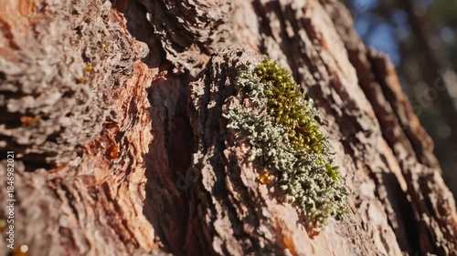 Close Up Of Tree Bark With Amber Resin Droplets And Green Moss Texture In Sunlight With Shallow Depth Of Field