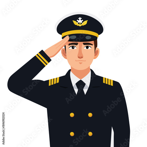 Smiling navy officer in uniform confidently salutes against a white background with poise
