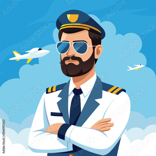 Smiling male pilot stands proudly against a blue cloudy sky with airplanes flying