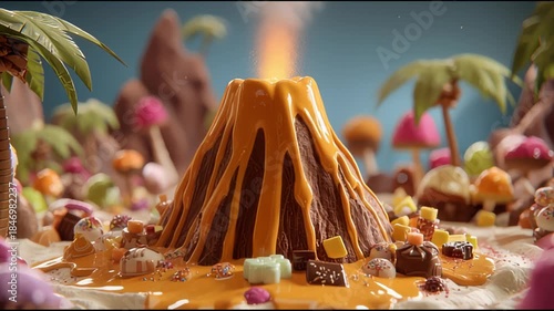 Chocolate volcano erupts in colorful candy landscape with palm trees