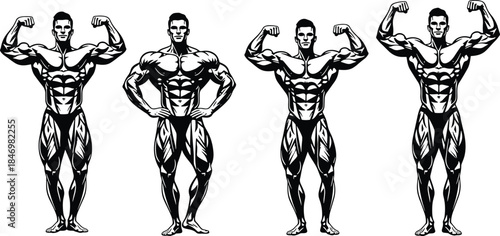Bodybuilder poses vector illustration set, muscular male fitness silhouettes, bodybuilding competition stance, gym workout anatomy design artwork collection