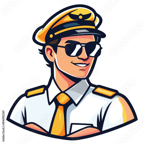 Smiling pilot with sunglasses and uniform stands confidently with crossed arms looking sideways