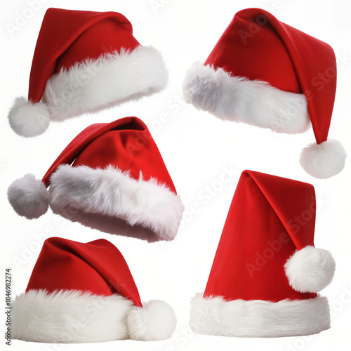 Wallpaper Mural "Assorted Classic Santa Hats on White Background — Set of Red Velvet Christmas Caps with Faux Fur Trim" Torontodigital.ca