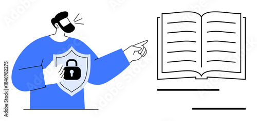 Person gesturing towards an open book wearing a shield with a lock, symbolizing secure knowledge sharing. Ideal for education, security, data protection, privacy policy, intellectual property