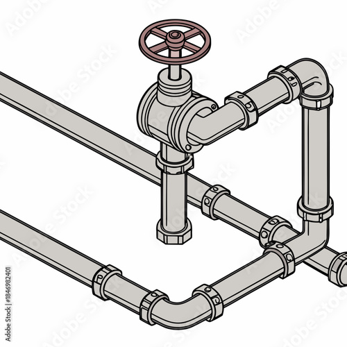 Complex network of intersecting steel pipelines with valve