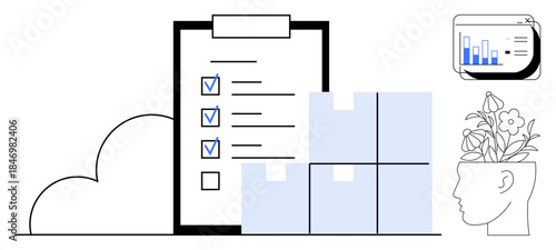 Checklist with marked tasks, stacked boxes, cloud element, bar chart analytics, and head with flowers symbolizing organization, productivity, creativity, and growth. Ideal for project management