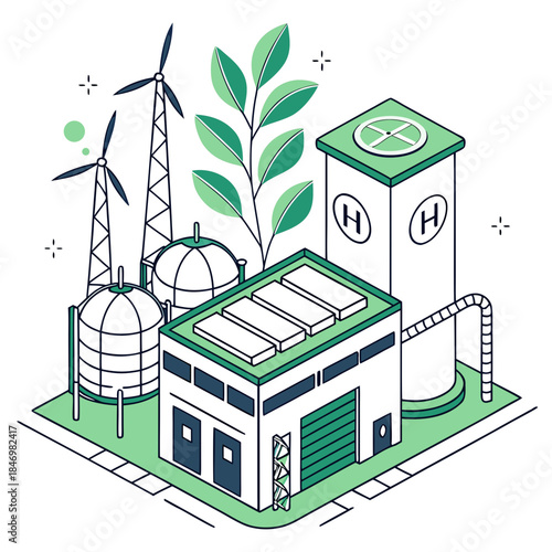 Futuristic green hydrogen plant with wind turbines and leafy plant on white background