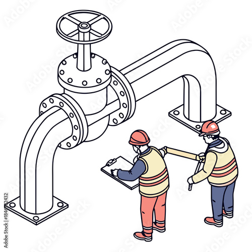 Workers inspecting large industrial pipeline structure