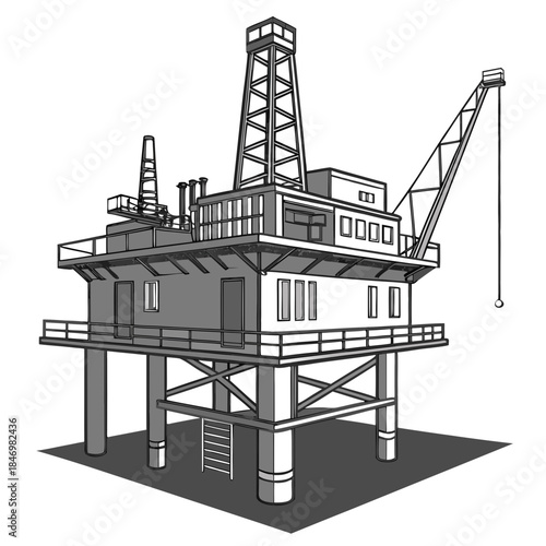 Offshore oil rig platform with crane and derrick oil platform