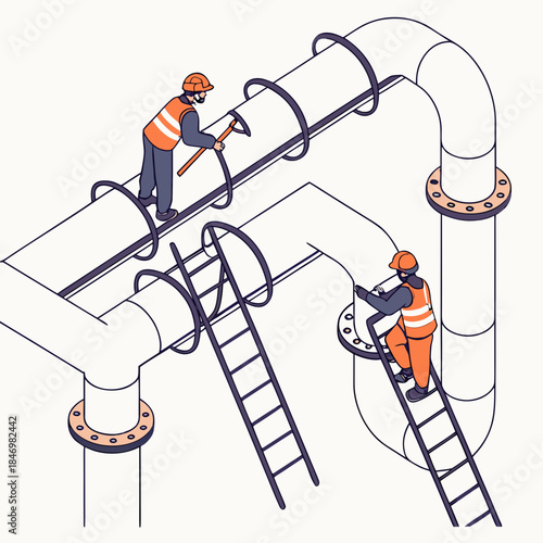 Workers inspecting massive pipeline structure with ladders and tools