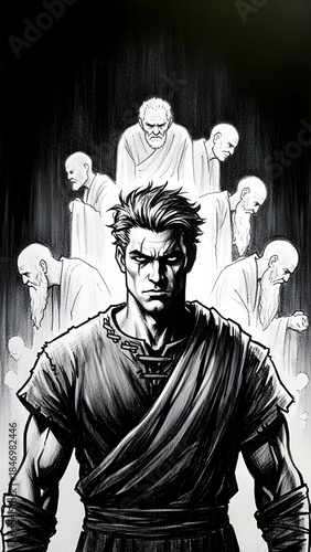 Muscular hero in spotlight with hunched adversaries, dramatic inked illustration