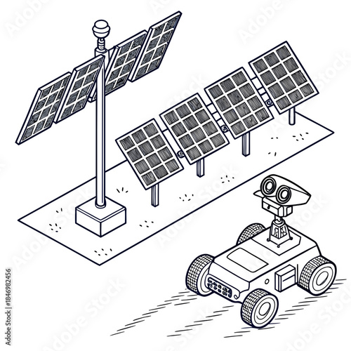Autonomous robot inspecting solar panels on white background