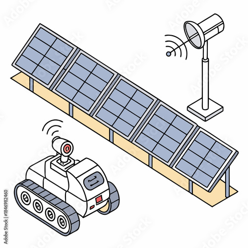 Autonomous robot inspecting solar panel farm with security camera