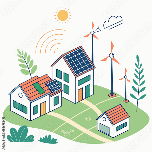 Solar powered village with wind turbines and green landscape