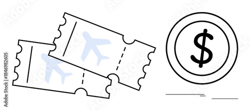 Two airplane tickets and a dollar coin symbolizing travel expenses, budgeting, vacation planning, transportation, global tourism, flight booking, and financial savings in a simple flat metaphor