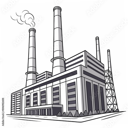 Industrial power plant with smokestacks and transmission tower