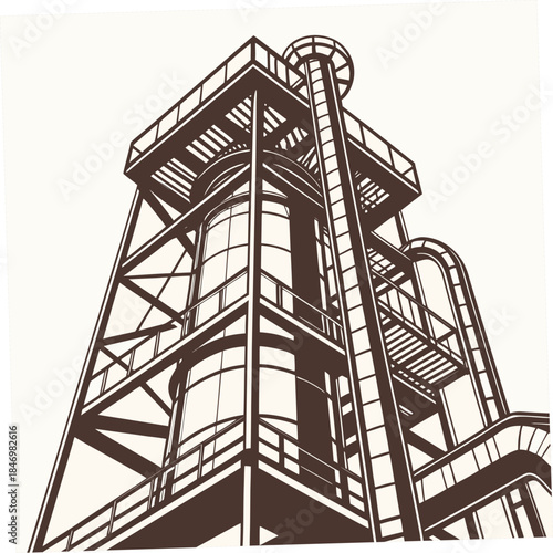 Industrial structure with copper pipelines and steel framework