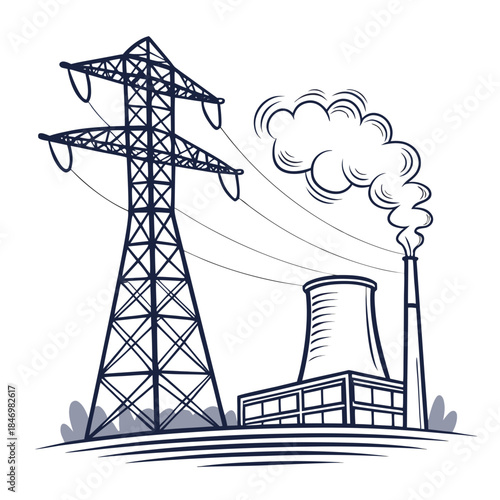 Power plant with smokestack and transmission tower