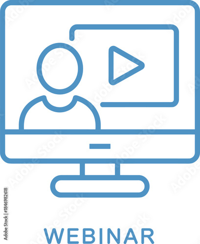 Webinar icon, blue line art vector, online meeting symbol, computer screen, video conference concept, digital education design, elearning sign, outline style