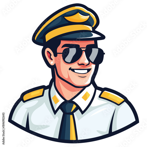 Smiling cartoon aviator in uniform looks away wearing sunglasses and a matching cap, with a tie