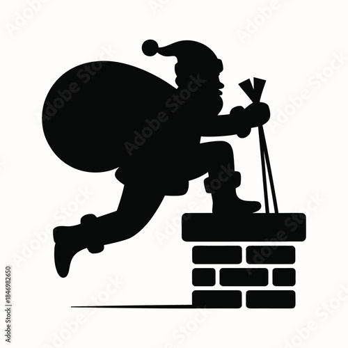 Silhouette of Santa Claus Climbing a Chimney with Gift Sack and Ladder — A Classic Holiday Scene Capturing Christmas Magic, Stealthy Delivery, and Timeless Festive Tradition in Bold Black-and-White De