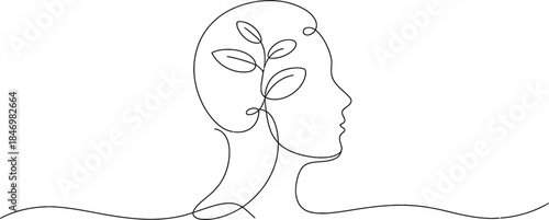 Single line drawing of human head with plant growing inside its brain Vector