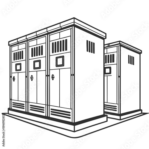 Energy storage containers aligned in symmetry line black and white