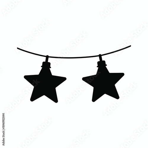 Silhouette of Two Star-Shaped Holiday Lights Hanging on a String — A Simple, Festive Symbol of Christmas Cheer, Nighttime Magic, and Minimalist Seasonal Decor