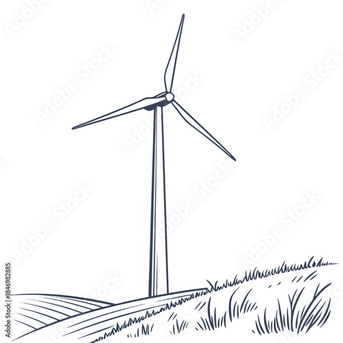 Single wind turbine standing on grassy hill single turbine