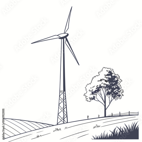 Single wind turbine standing on white background with tree