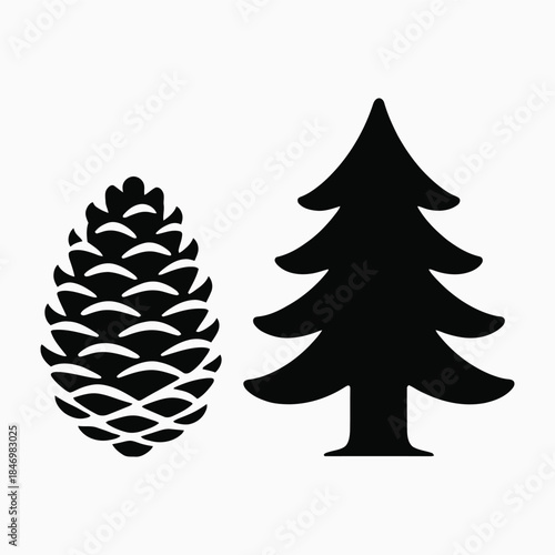 Silhouette of a Pine Cone and Evergreen Tree — A Minimalist Symbol of Winter, Nature’s Resilience, and Holiday Tradition in Bold Black and White Design