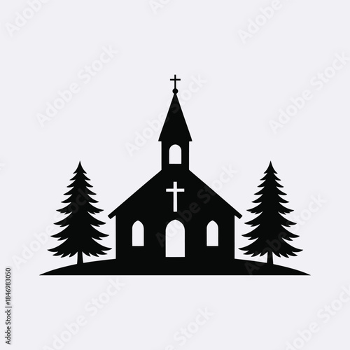 Silhouette of a Peaceful Country Church with Steeple and Cross, Nestled Between Tall Pine Trees — Symbolizing Faith, Solitude, and Rural Spirituality

