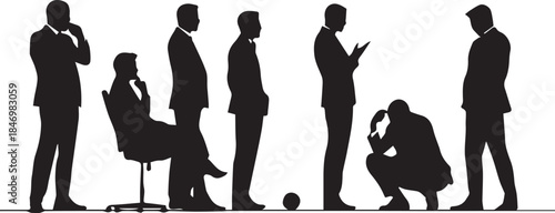 Shadow Play: Silhouette depiction of business figures, standing in a line showcasing moments of thought and contemplation. Capturing the interplay of shadows and the human form.