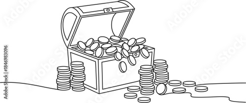 Treasure chest overflowing with coins and stacks of money on white background. Vector