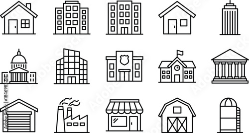 Building icon set, line art architecture collection, real estate symbols, house, apartment, factory, school, city, vector illustration, outline style design