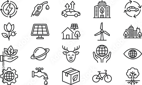 Vector set of ecology, sustainability, and renewable energy icons, featuring solar, wind, and green technology symbols, outline style, isolated on white.