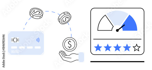 Financial transactions. ion of secure money transfer, coins falling, hand, and credit score gauge. Financial transactions for banking, credit systems, fintech, personal loans finance