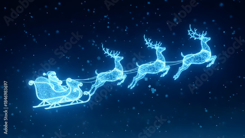 Neon Santa Claus rides his sleigh pulled by three glowing reindeer across a snowy, starry night sky. A vibrant, futuristic Christmas holiday magic illustration or animation background.