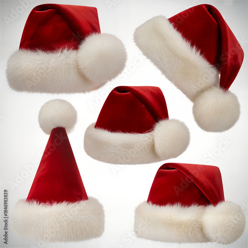 Wallpaper Mural "Assorted Classic Santa Hats on White Background — Set of Red Velvet Christmas Caps with Faux Fur Trim" Torontodigital.ca