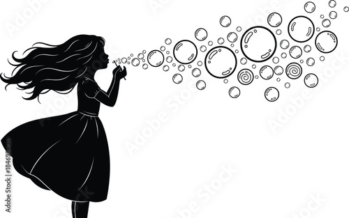 Silhouette of a young girl with long flowing hair blowing soap bubbles, vector illustration; Childhood, dreams fantasy innocence and happiness concept for stickers t-shirts