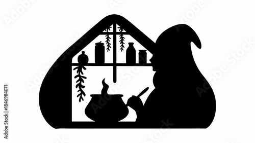 Elegant Silhouette Vector Illustration of a Witch Stirring a Bubbling Cauldron, Perfect for Halloween, Fantasy, and Mystical Designs.