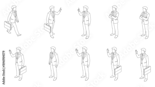 Set of black and white isometric line art vector illustrations featuring a businessman character in various poses, including walking and standing with a briefcase and hat, ideal for architectural desi
