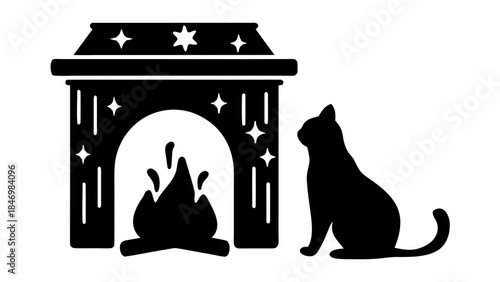 Enchanting Vector Silhouette of a Cozy Fireplace with Floating Magical Elements, Perfect for Fantasy, Festive, and Mystical Home Designs.