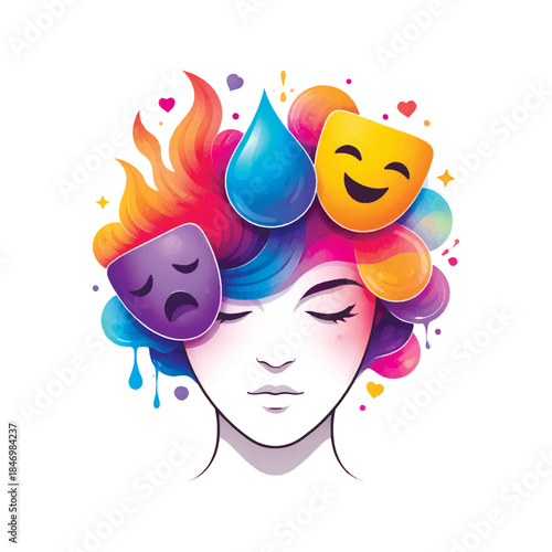 A serene female face with colorful, flowing hair composed of abstract shapes, including theatrical masks happy sad and a teardrop, symbolizing emotions, mental health, and artistic expression.