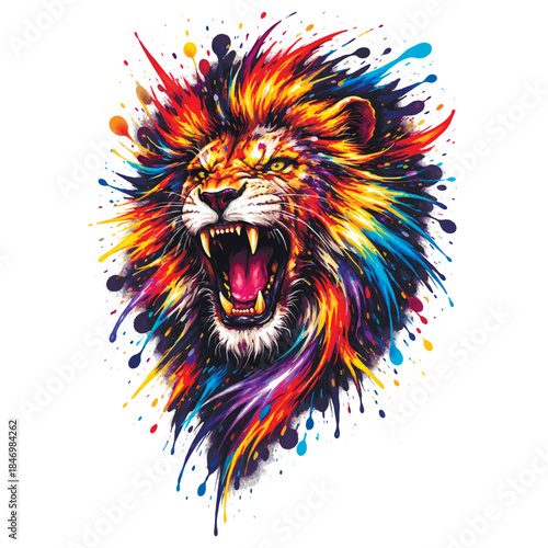 A dynamic, roaring lion head with an explosion of vibrant, neon colored paint splatters and brushstrokes forming its mane. The fierce expression and intense colors convey power and untamed energy.