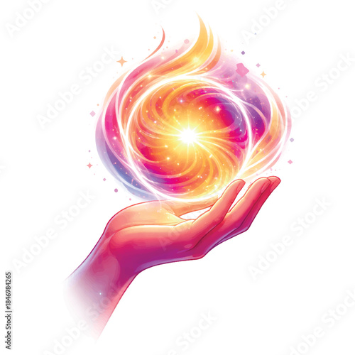 A glowing, swirling orb of vibrant pink, orange, and purple energy rests in an open palm. The mystical, sparkling light symbolizes power, magic, creation, and limitless potential.