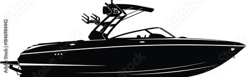 Luxury speedboat silhouette vector illustration, modern motor yacht design, black marine watercraft icon, sleek nautical transport artwork