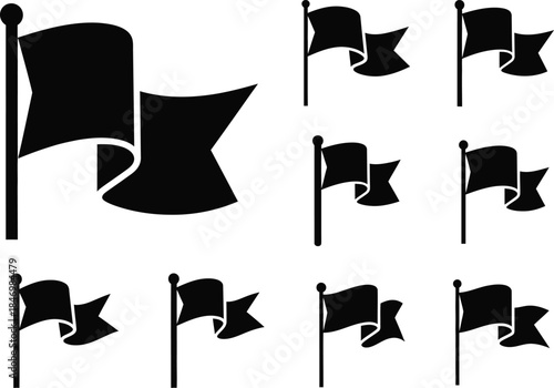 Solid black neat icons of neat flag pole wave wind banner signal team set
